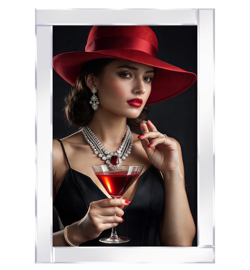 Mirror framed Lady with a red hat and sparkling jewelry elegantly holds a cocktail glass