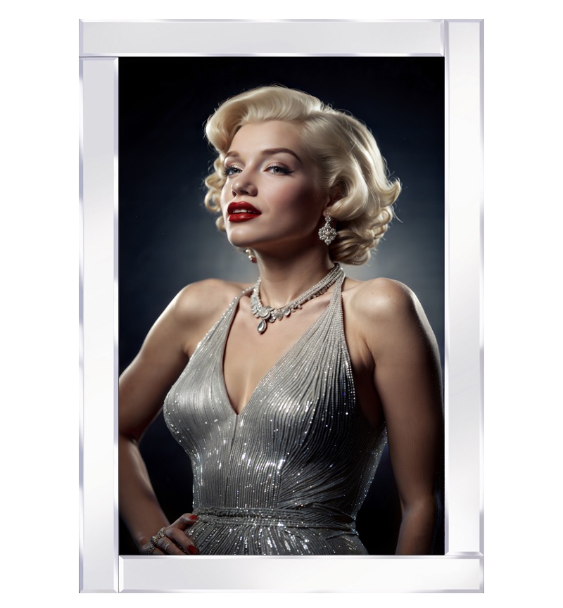Mirror framed Marilyn Monroe stands radiant in silver sleeveless dress and diamond jewellery
