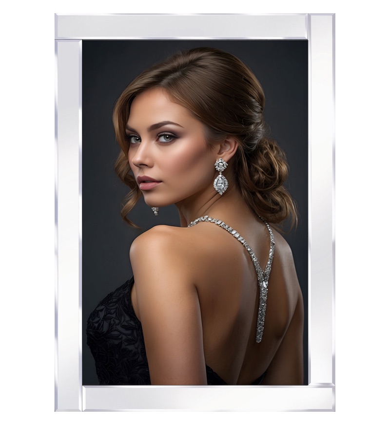 Mirror framed lady in a black sleeveless dress adorned with sparkling diamond  jewellery