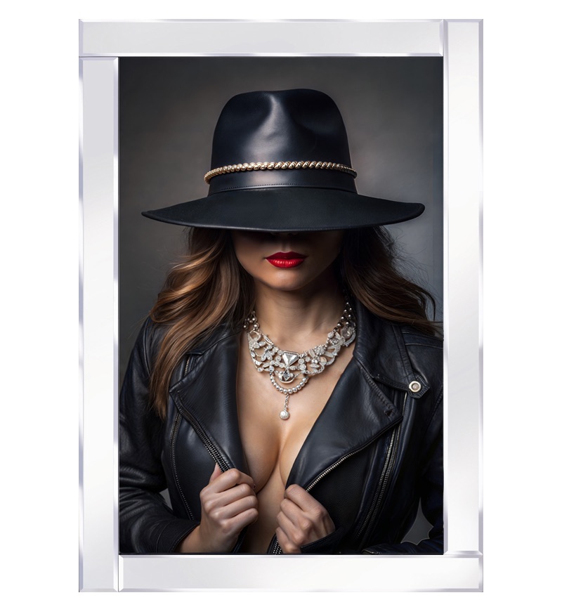 Mirror framed beautiful lady exudes confidence in a black hat and leather jacket