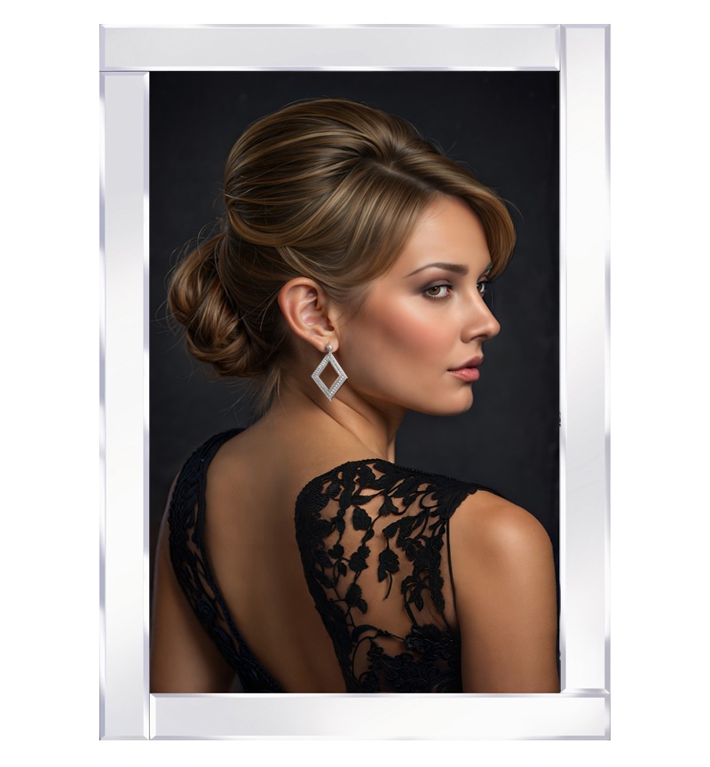 Mirror framed beautiful lady in a black lace dress, adorned with a diamond earring