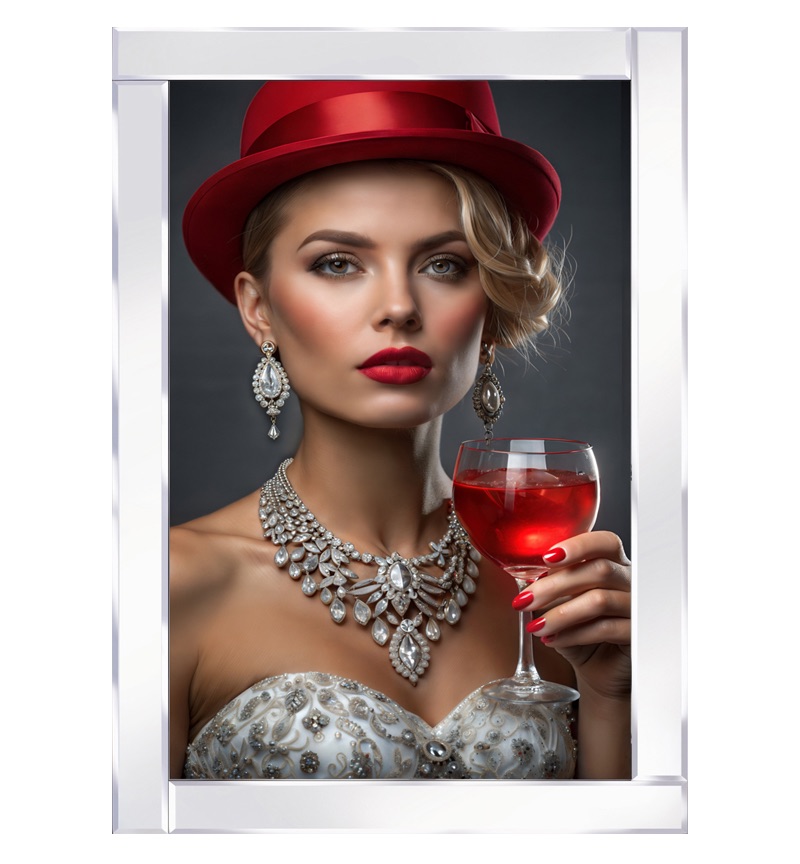 Mirror framed lady in silver dress, red hat, and necklace with a cocktail