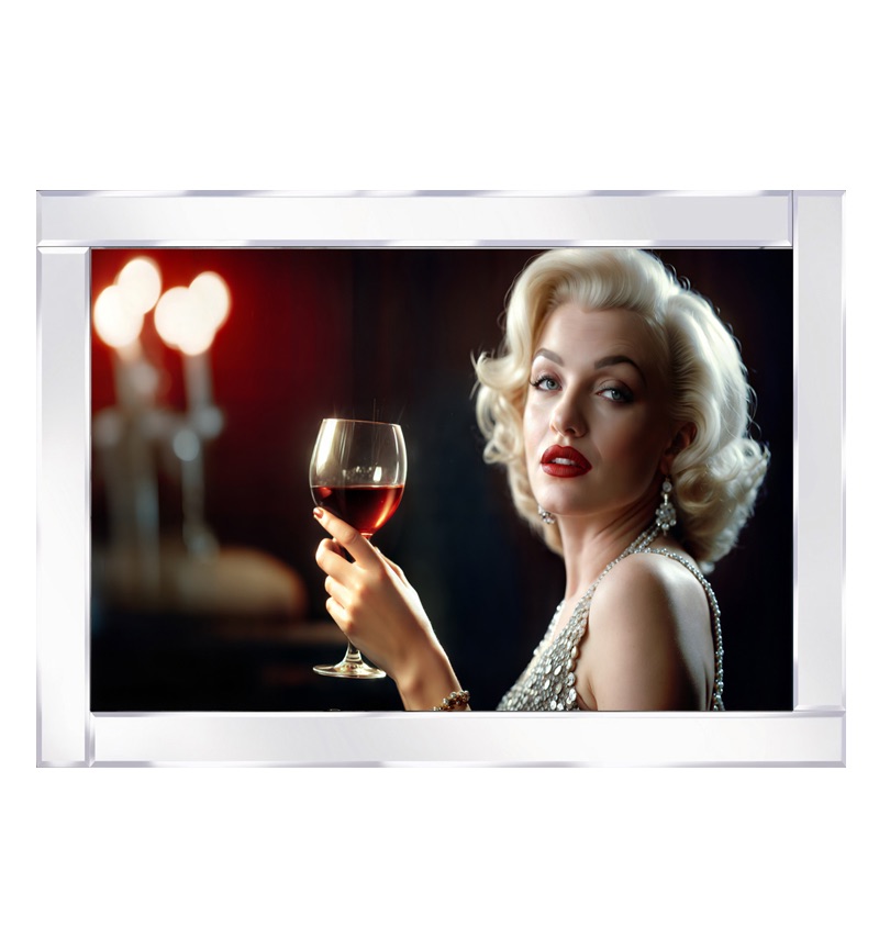 Mirror framed iconic Marilyn Monroe holds a red wine glass with timeless elegance Wall Art
