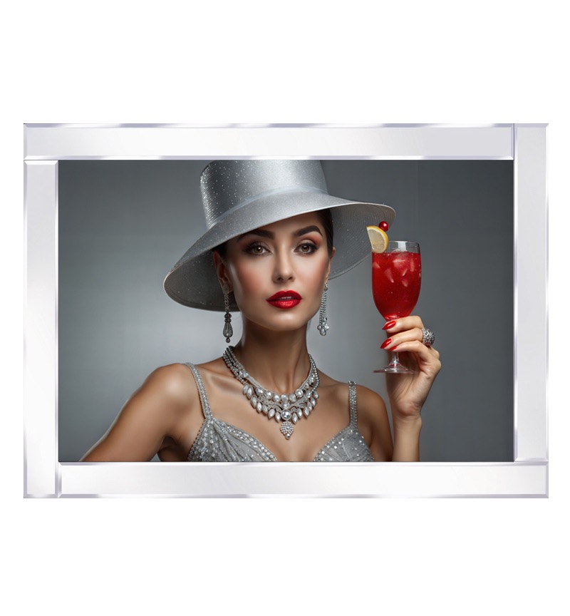 Mirror framed Lady in a silver hat and necklace with a red cocktail glass Wall Art