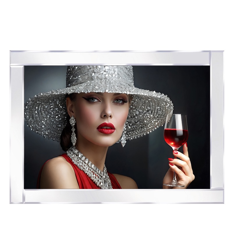 Mirror framed Lady in a silver hat and necklace with a red Wine glass Wall Art