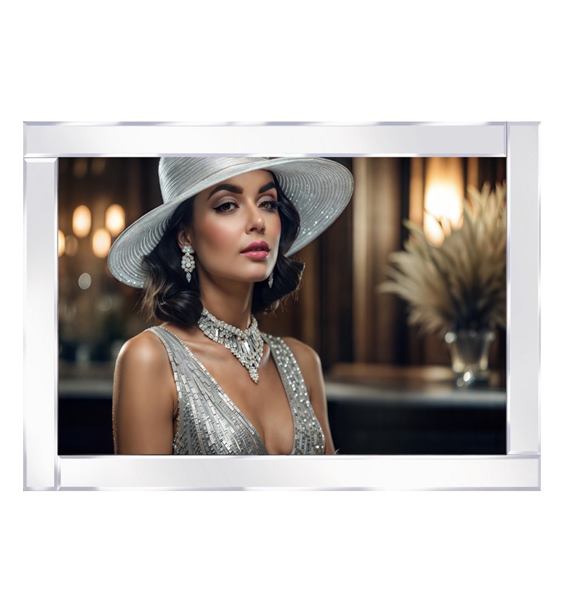Mirror framed Beautiful lady adorned with a silver hat and necklace  Wall Art