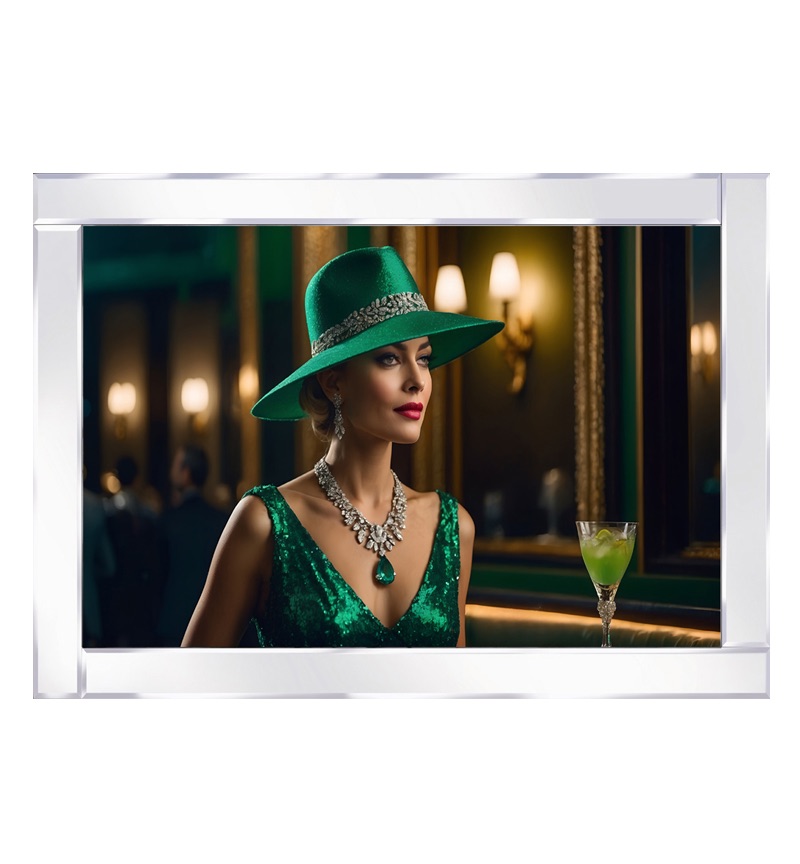 Mirror framed Beautiful lady in a green diamond hat and necklace  in green dress Wall Art