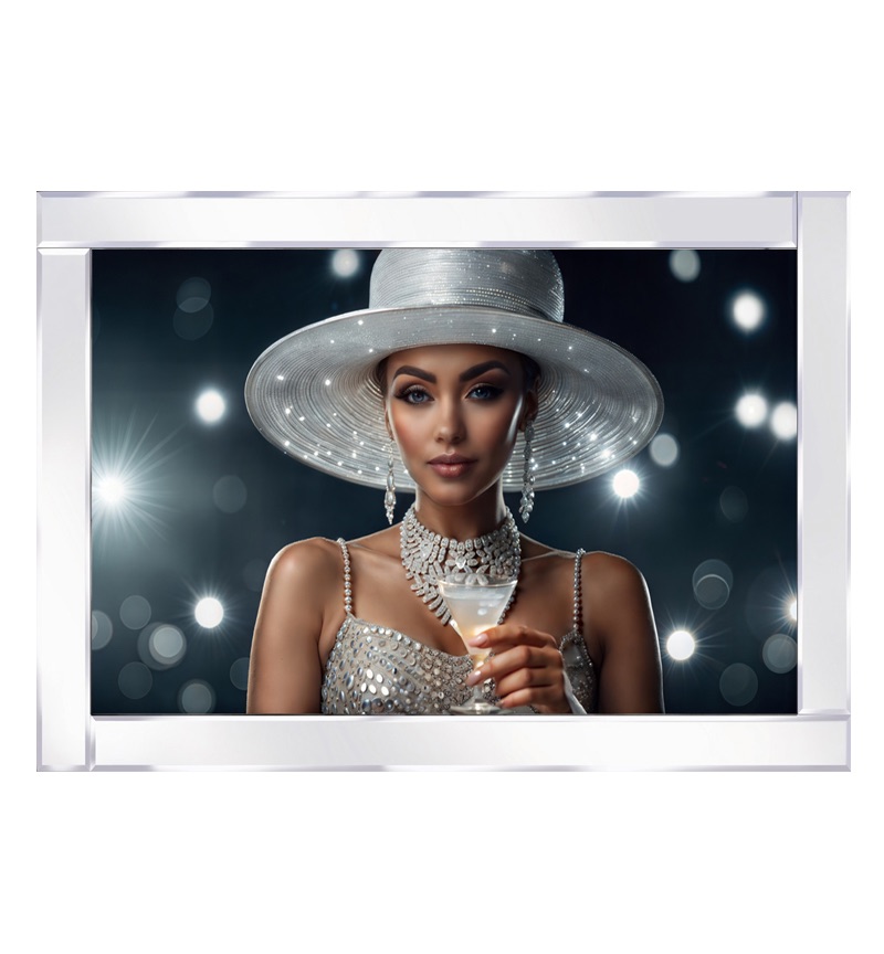 Mirror framed Elegant Lady in silver attire and accessories with a cocktail Wall Art