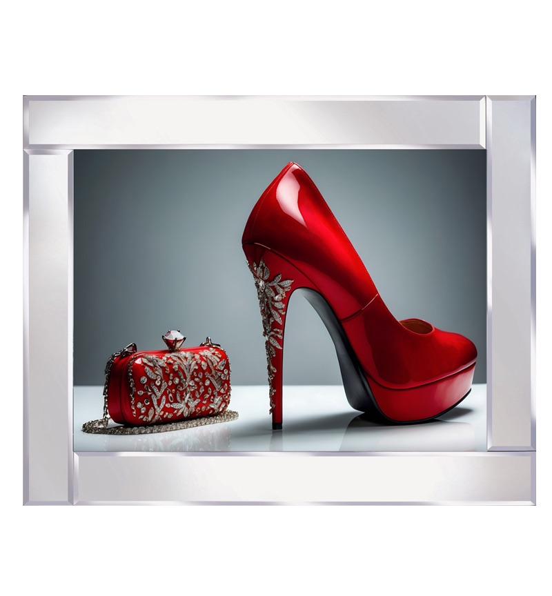 Mirror framed dazzling red bag and shoe adorned with shimmering diamonds Wall Art