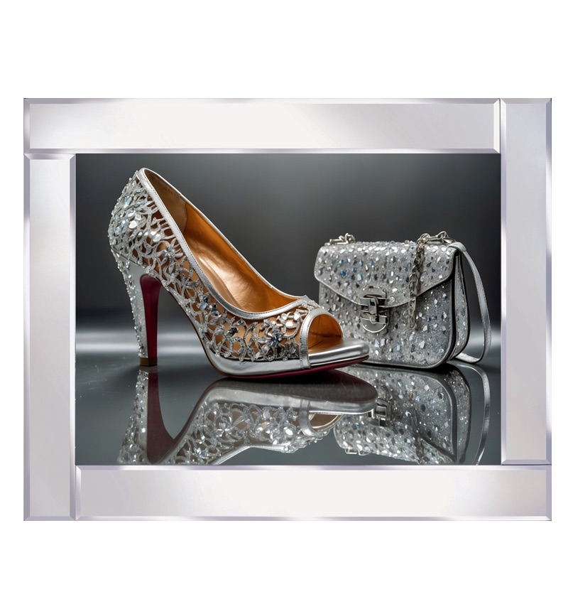 Mirror framed luxurious silver bag and shoe adorned with exquisite diamond embellishments Wall Art