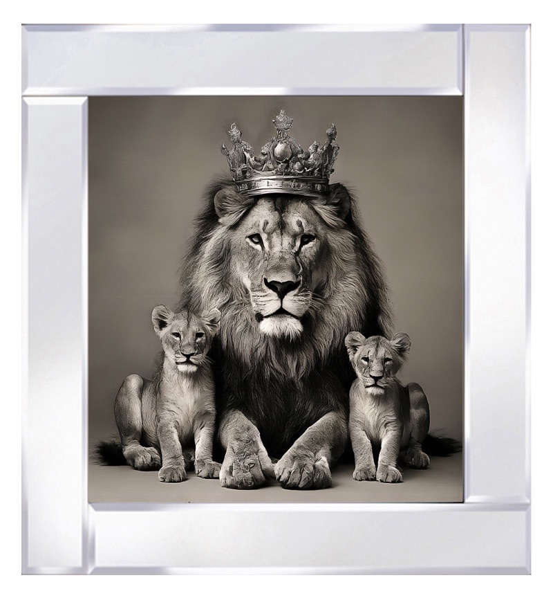 Mirrored framed art print "majestic lion king, adorned with a crown, surrounded by cubs" 60cm x 60cm