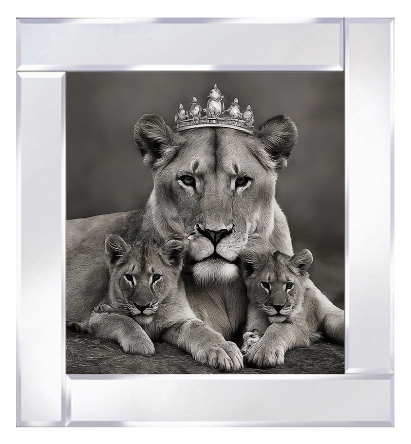 Mirrored framed art print "Regal lioness wearing a crown, surrounded lovingly by her cubs" 60cm x 60cm