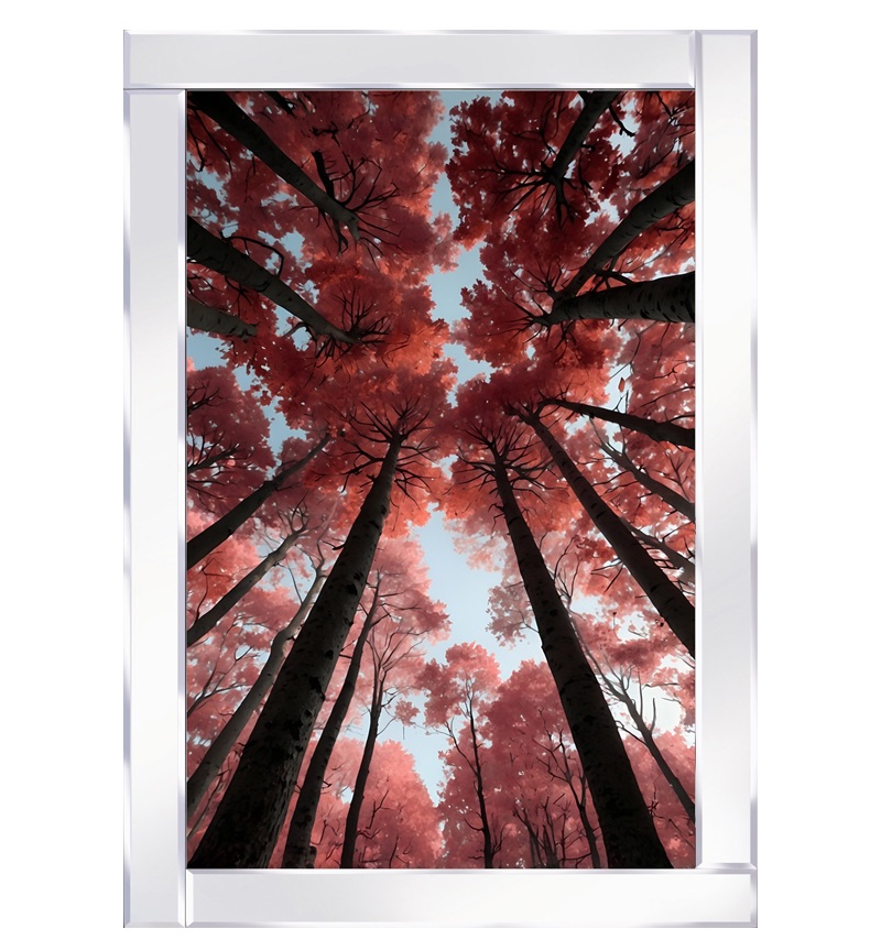 Mirror framed art " Forest Cloaked in Vibrant Red Foliage" 100cm x 60cm