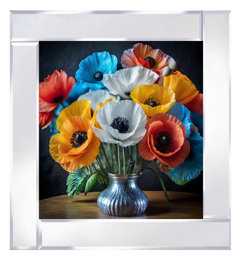 Mirror framed art print "Multi Coloured Poppy Flowers bloom in silver Vase" 60cm x 60cm