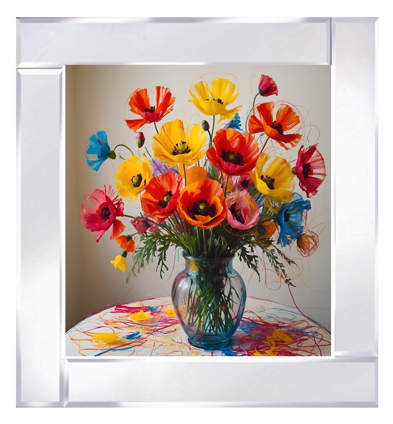 Mirror framed art print "Multi Coloured Poppy Flowers 2  in Glass Vase" 60cm x 60cm
