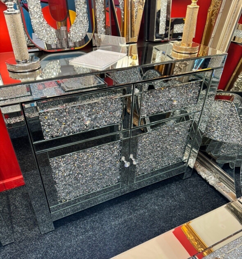 *Diamond Crush Sparkle Crystal Mirrored 2 draw 2 Door Sideboard with crystal handles
