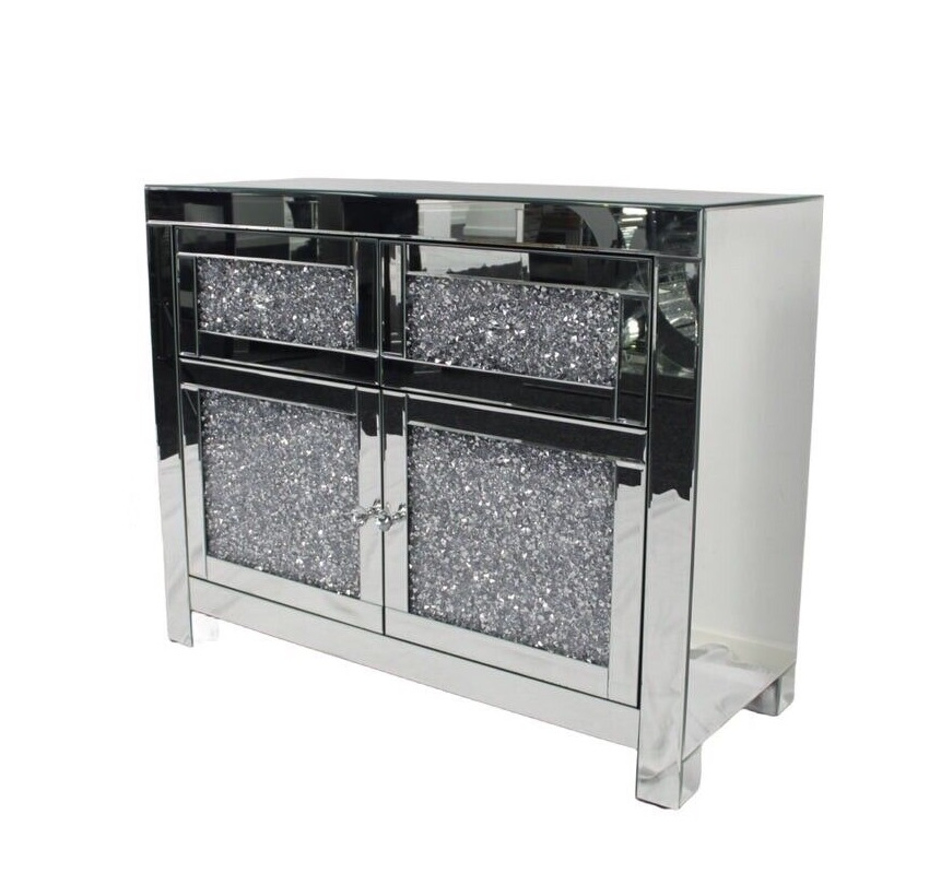 *Diamond Crush Sparkle Crystal Mirrored 2 draw 2 Door Sideboard with crystal handles