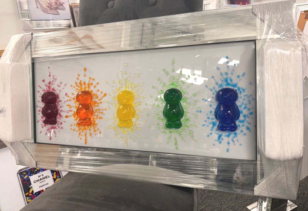 3D colourful Jelly Babies wall art on a  glass background 85cm x 45cm