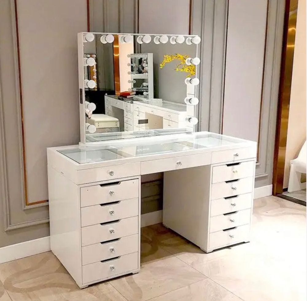 # * PRE ORDER SPECIAL OFFER PRICE * Toulouse White  120cm 13 Draw Dressing Table with a clear glass top  led lights &  Hollywood Mirror with bluetooth