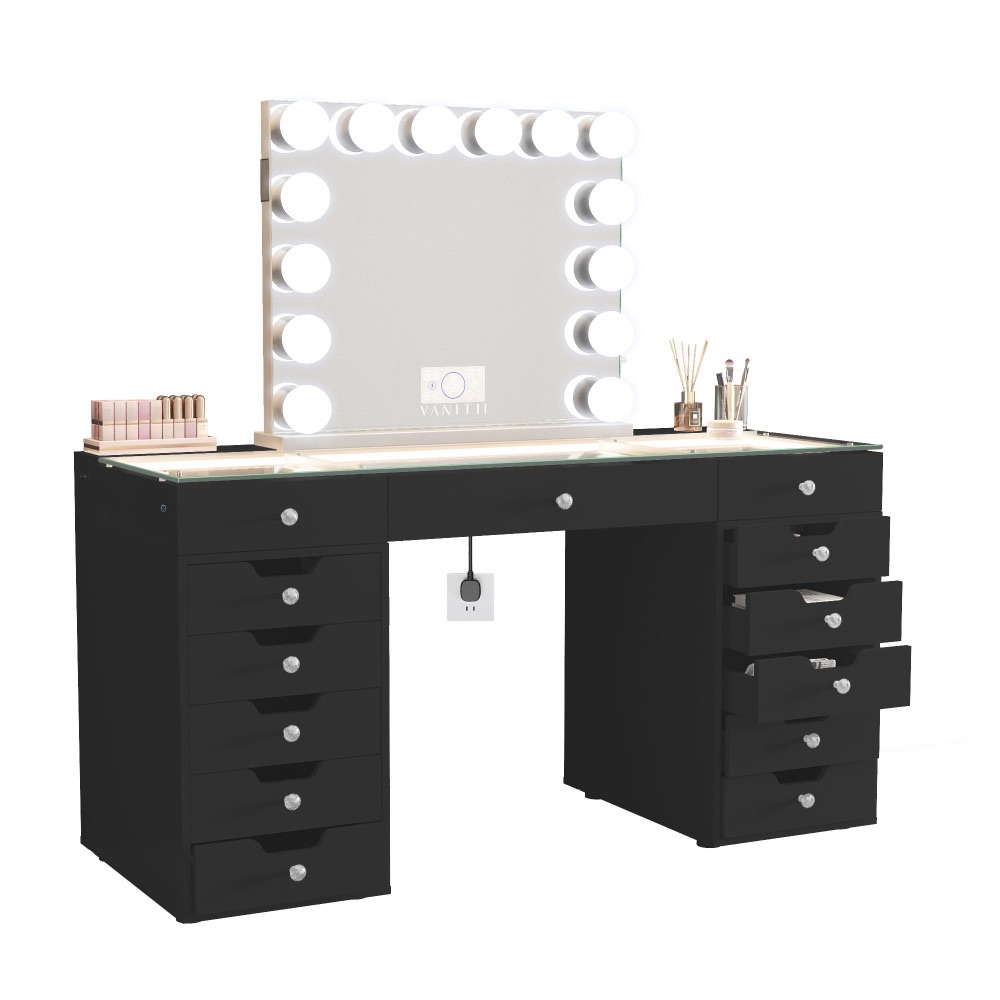 # * Special offer Toulouse Vanity Desk in Black 13  Drawer with built in Led light & Hollywood Mirror with USB port bluetooth SPECIAL OFFER PRE ORDER 