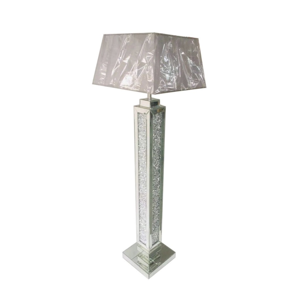 *Diamond Crush Crystal Sparkle Mirrored Tall Floor Lamp grey shade 30.5cm x 142cm