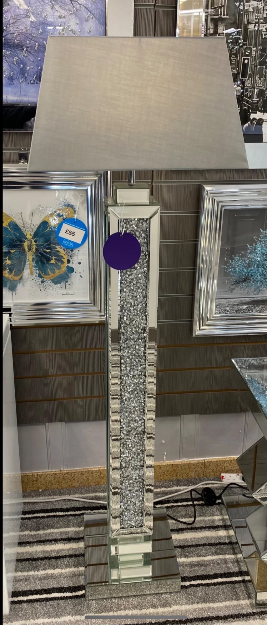 ^Diamond Crush Crystal Sparkle Mirrored Tall Floor Lamp grey shade 30.5cm x