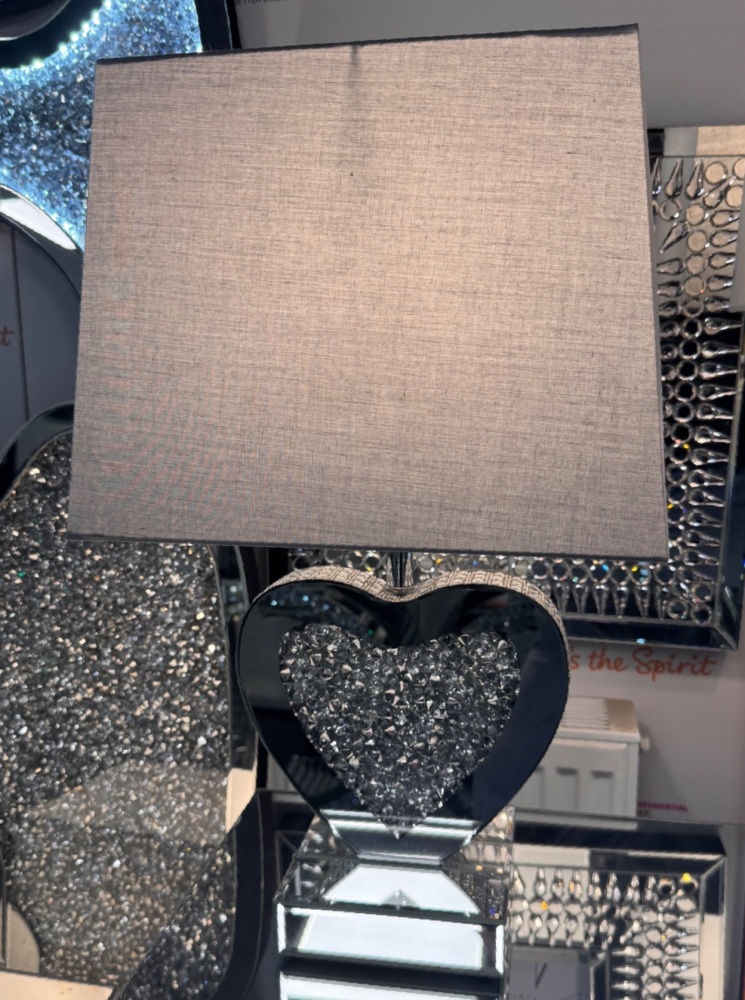 *Diamond Crush Crystal Sparkle Mirrored Heart Shaped Table Lamp with Roof top  shade