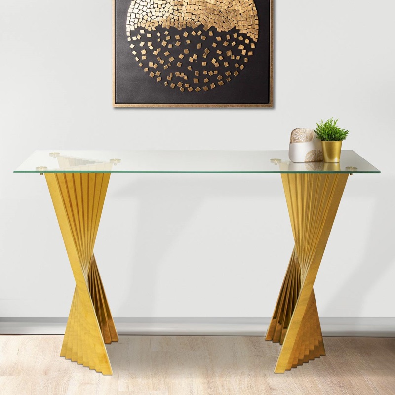 Lucille Gold Metal Console Table with Clear Glass