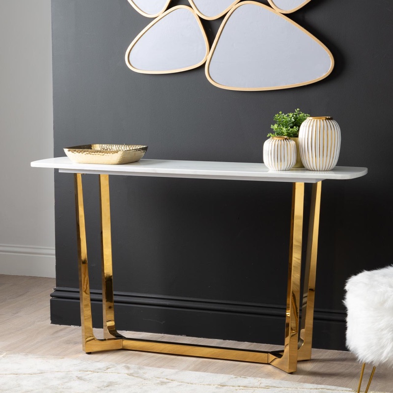 Meghan Gold Metal with white Faux Marble Top Console Table