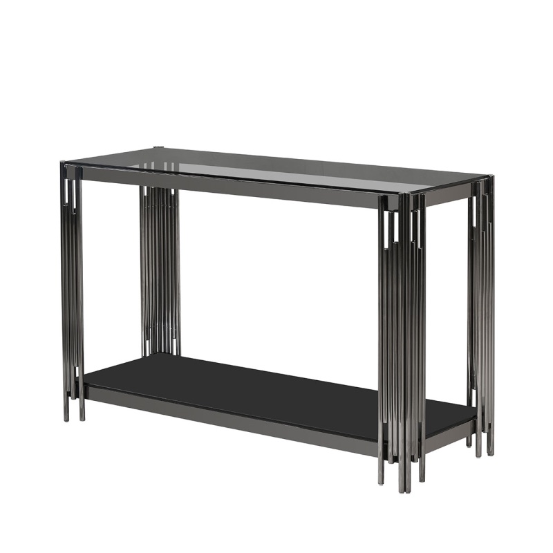 Cohen Black Gunmetal Steel Tubes and Smoke Glass Top Console Table