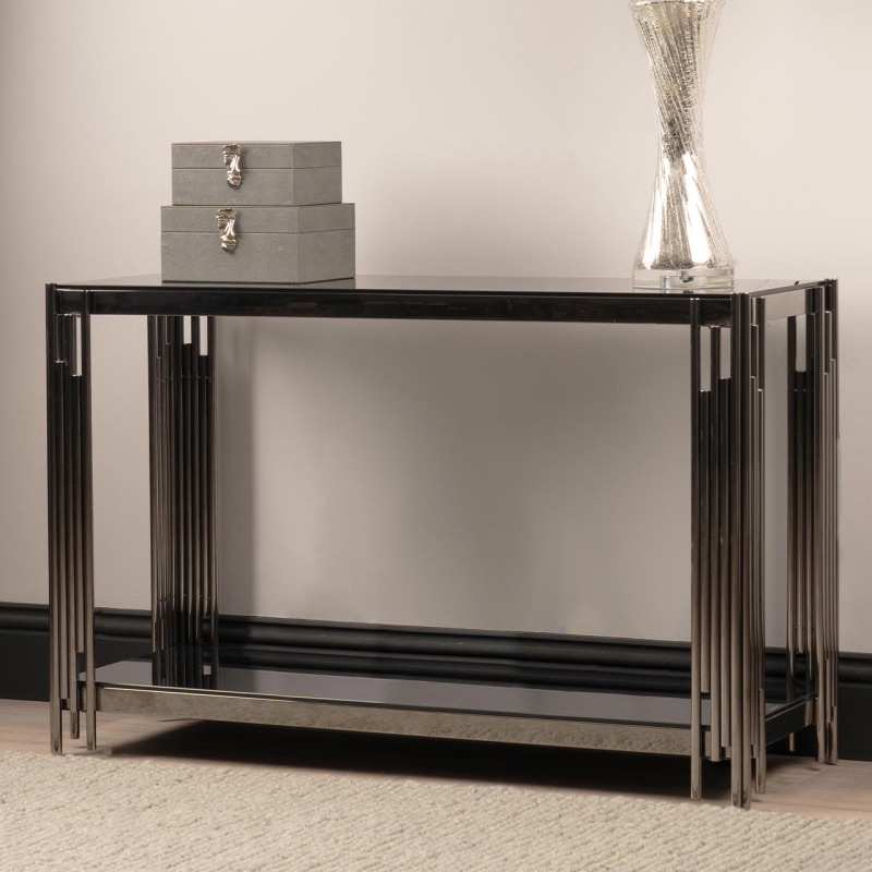 Cohen Black Gunmetal Steel Tubes and Smoke Glass Top Console Table