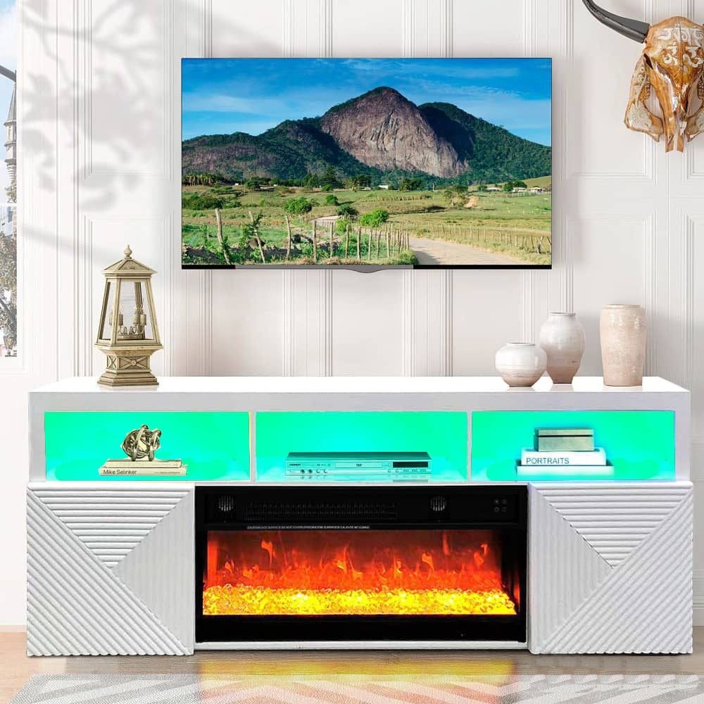 # pre order special offer price  -White wood Sideboard 140cm - 2 Door  with electric multi colour fire and mood lighting alcoves