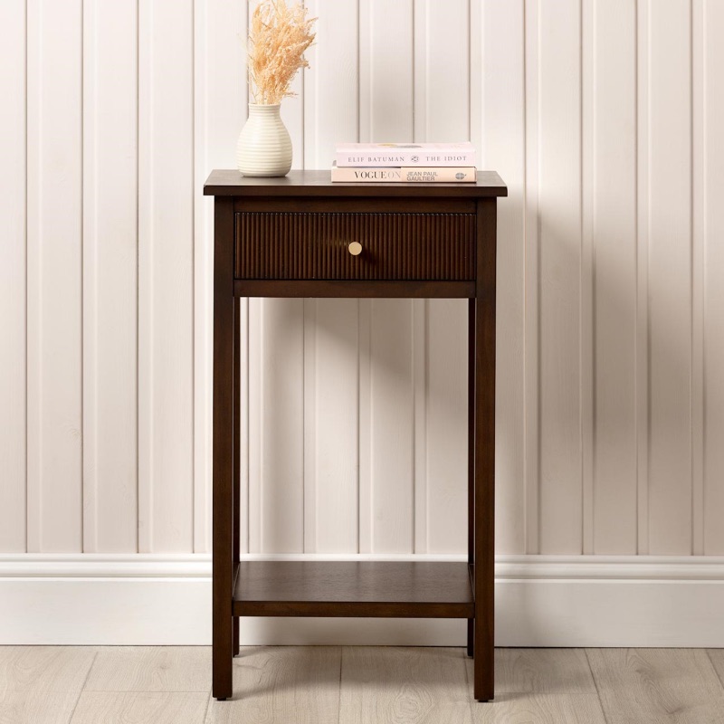 Lindon Walnut Brown 1 Drawer End Table with Gold Handles