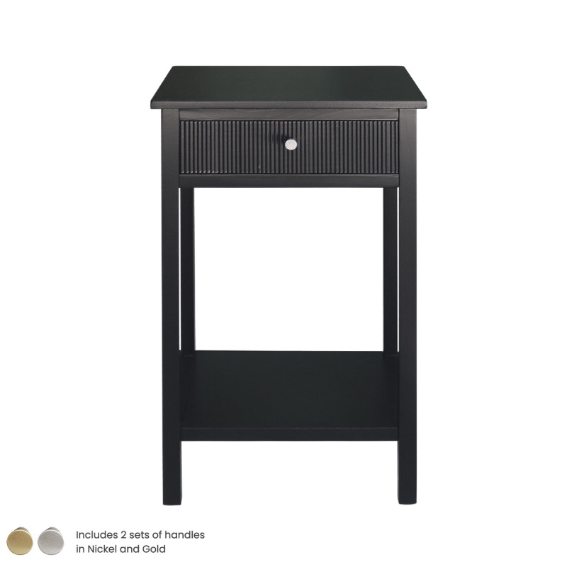 Lindon Black wood  1 Drawer End Table with Gold or Silver Handles