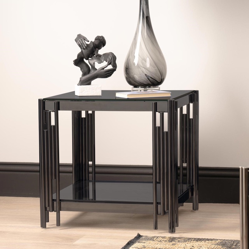 Cohen Black Gunmetal Steel Tubes and Smoke Glass Top End Table