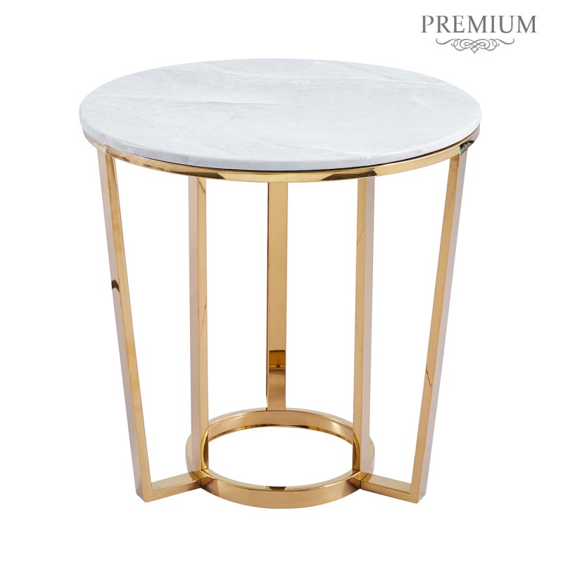 Round Gold with White Faux Marble Top End Table 60cm