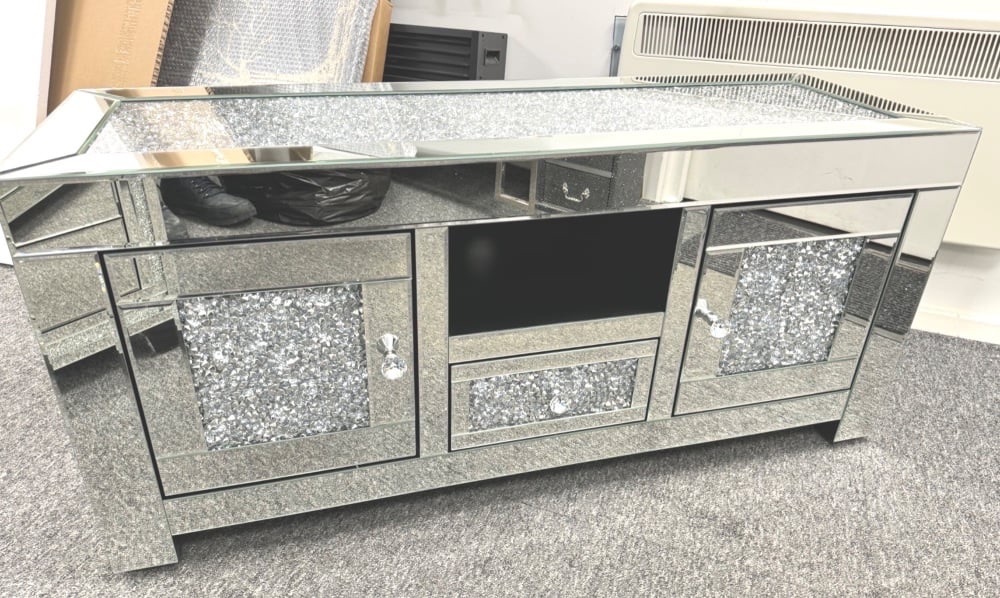 * Diamond Crush Top and Doors Sparkle Mirrored TV Entertainment Unit 120cm IN STOCK