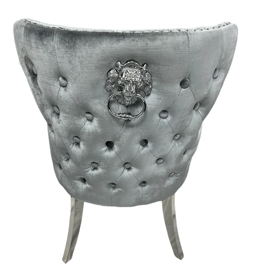 Louis Grey Marble Rectangular Dining Table with 4 Grey lion knocker Dining Chairs