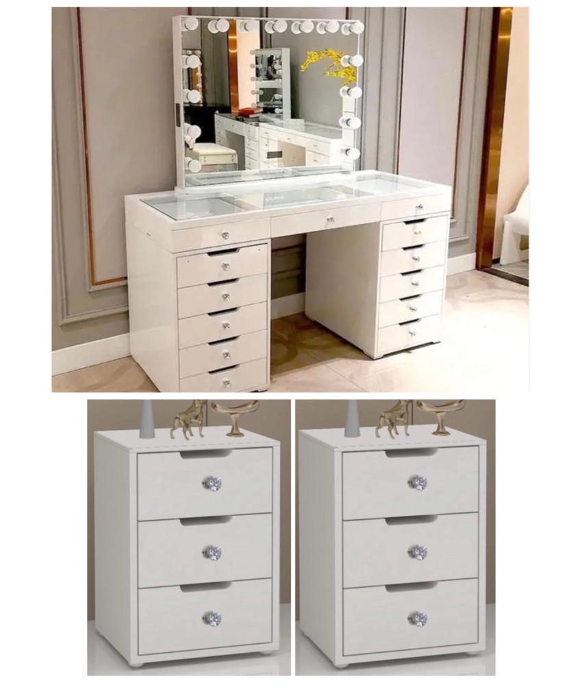 # * PRE ORDER SPECIAL OFFER PRICE * Toulouse White  120cm 13 Drawer Dressing Table with clear glass top  led lights &  Hollywood Mirror & 2 bedsides
