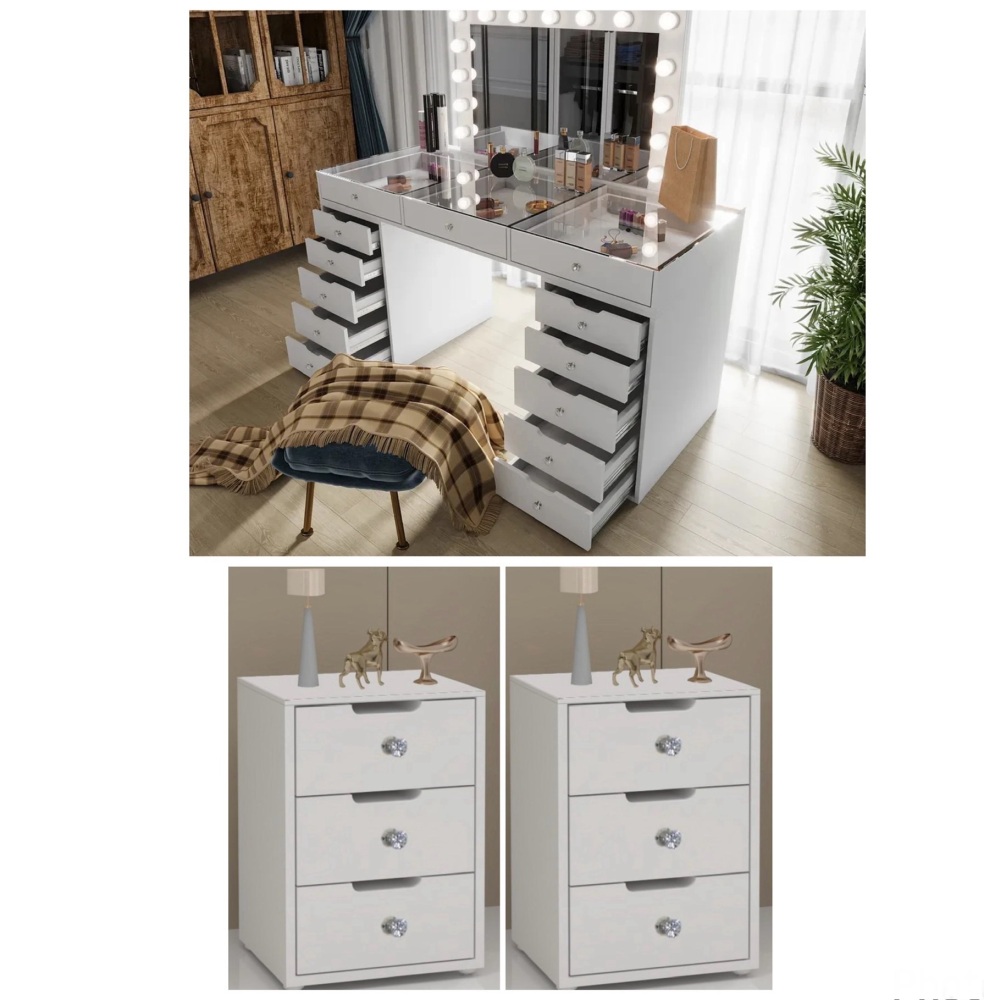 # * SPECIAL OFFER PRICE  Toulouse White  150cm 13 Drawer Dressing Table with  clear glass top  led lights &  Hollywood Mirror & 2 Bedsides