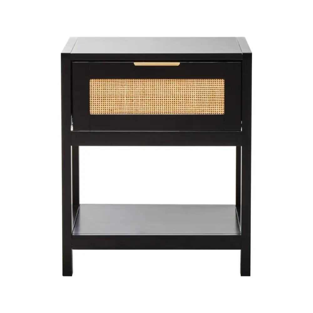 Sherman  Black Wood Side Table  with Rattan Draw front