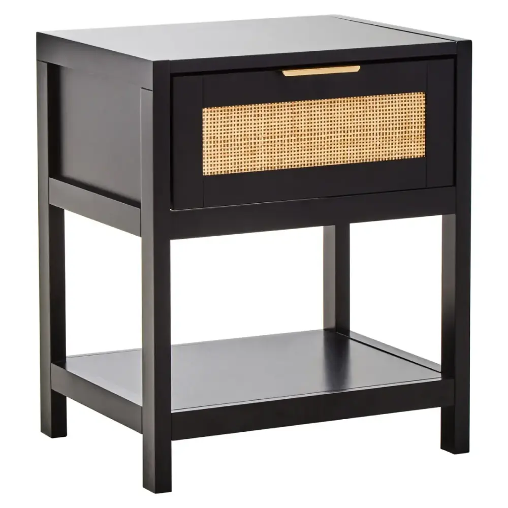Sherman  Black Wood Side Table  with Rattan Draw front