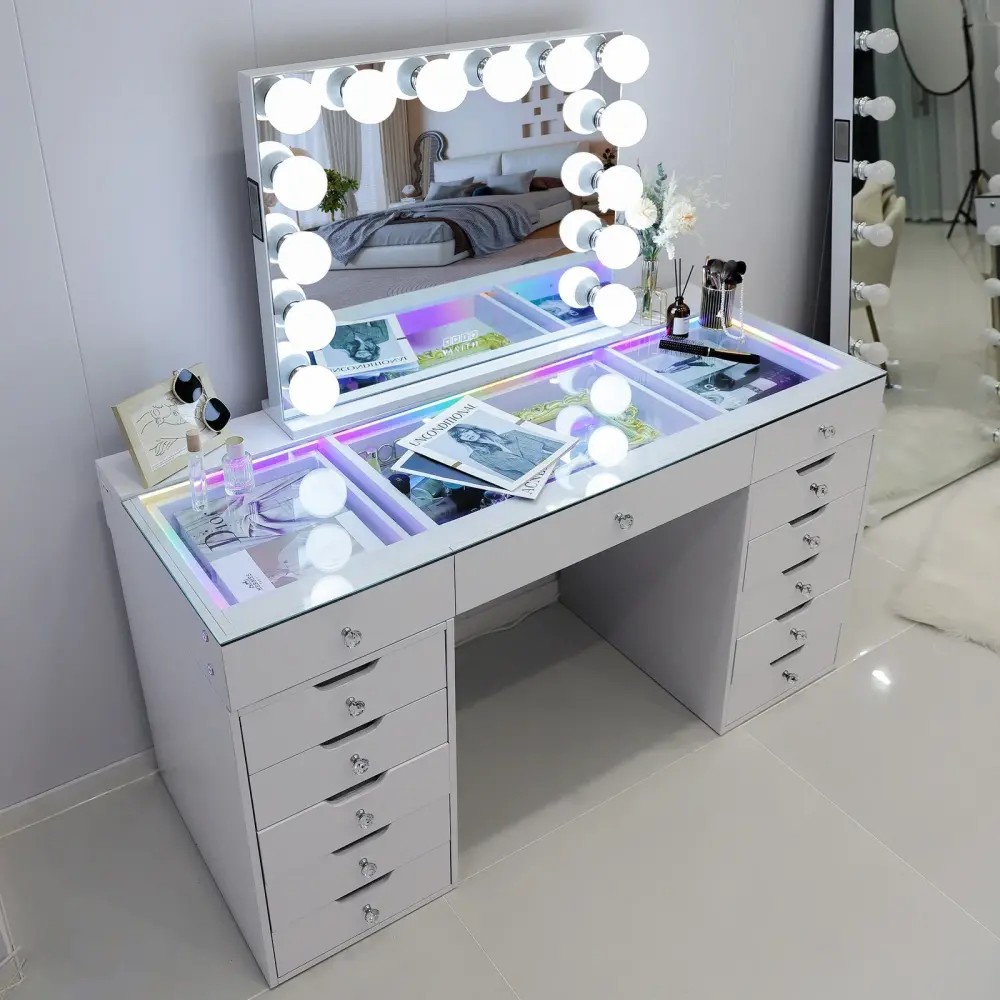 # * Toulouse White  150cm 13 Drawer Dressing Table with a clear glass top  led lights &  Hollywood Mirror with bluetooth