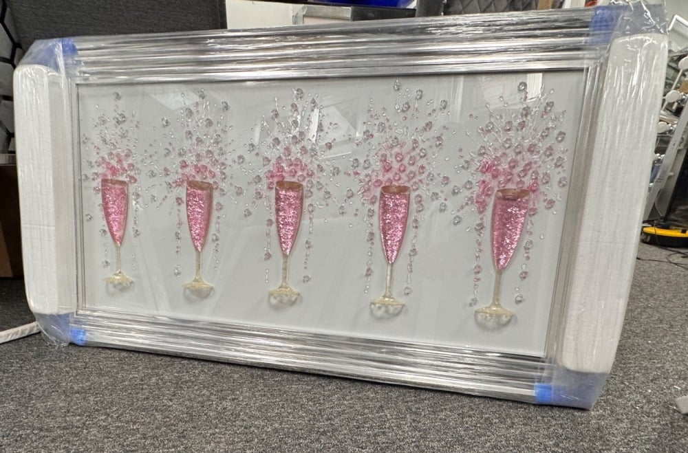 3D Champagne flutes Pink wall art on a white background silver chrome stepped frame