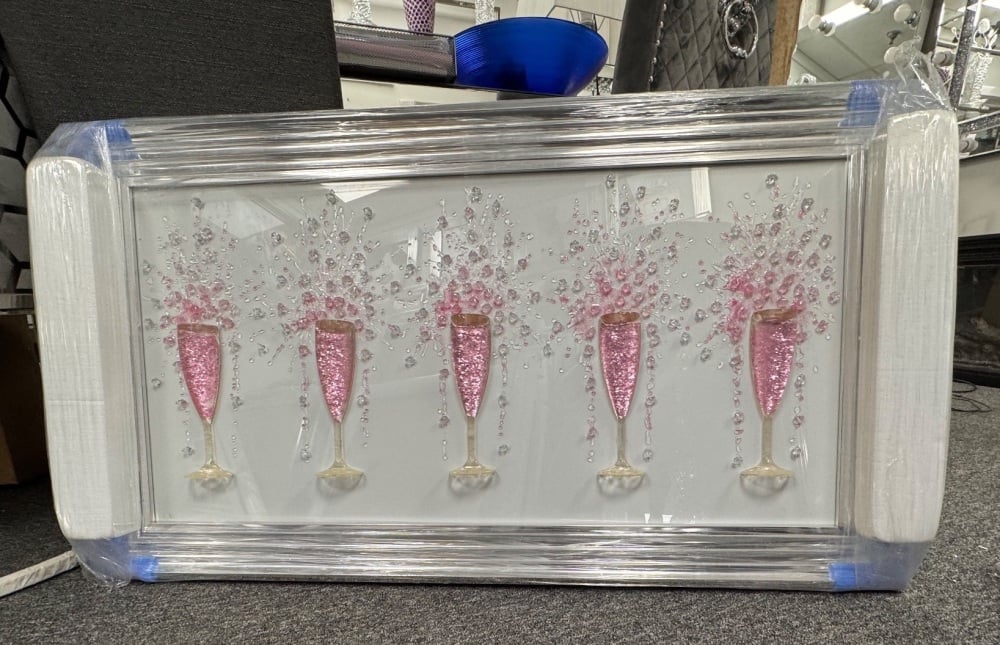 3D Champagne flutes Pink wall art on a white background silver chrome stepped frame