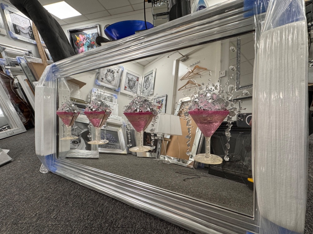 3D Martini pink 4 Cup wall art on a Silver mirror backing Silver Chrome stepped Frame