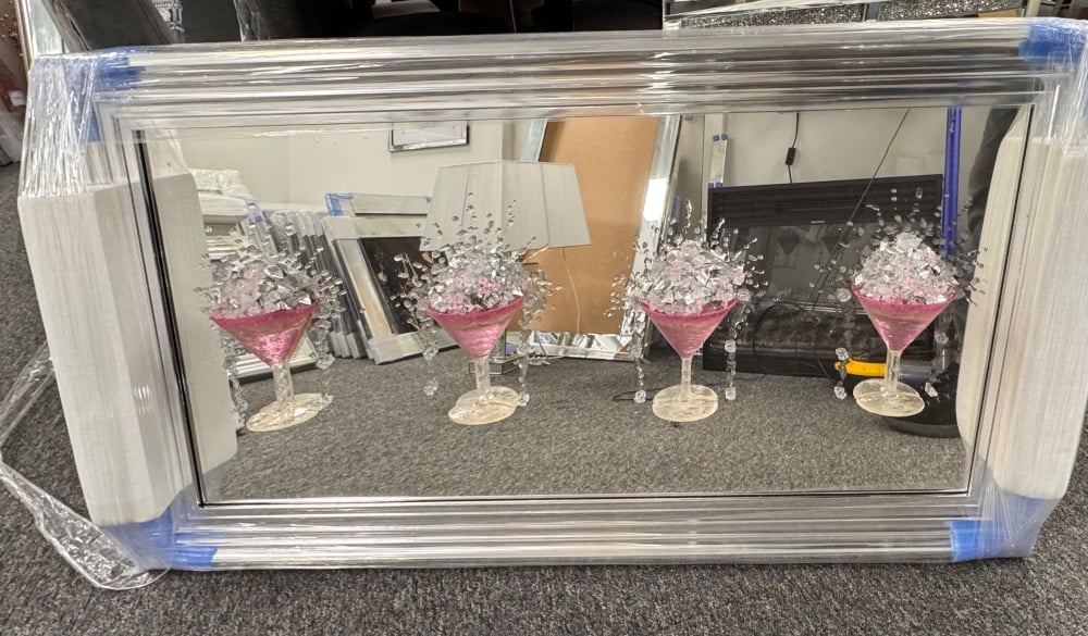 3D Martini pink 4 Cup wall art on a Silver mirror backing Silver Chrome stepped Frame