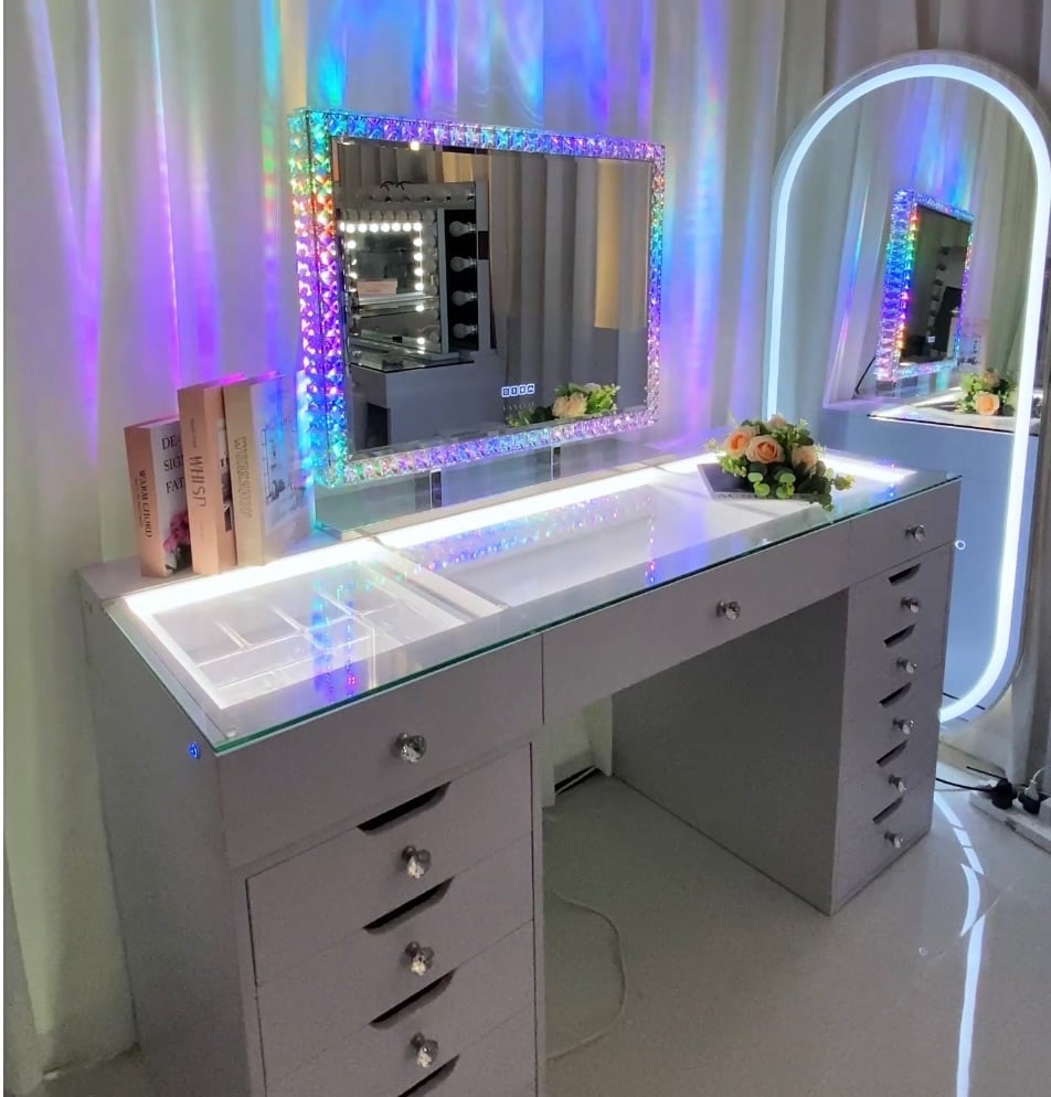 #* Eva Vanity Desk 13  Drawer with built in lights & USB port & Crystal Border Mirror