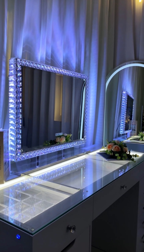 #* Eva Vanity Desk 13  Drawer with built in lights & USB port & Crystal Border Mirror