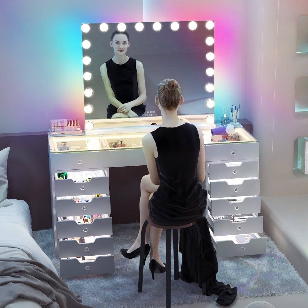 #* 13 Draw Eva Pro Dressing Hollywood Vanity Table &  20 bulb Hollywood Mirror with RGB Multi colours 100cm x 80cm in stock